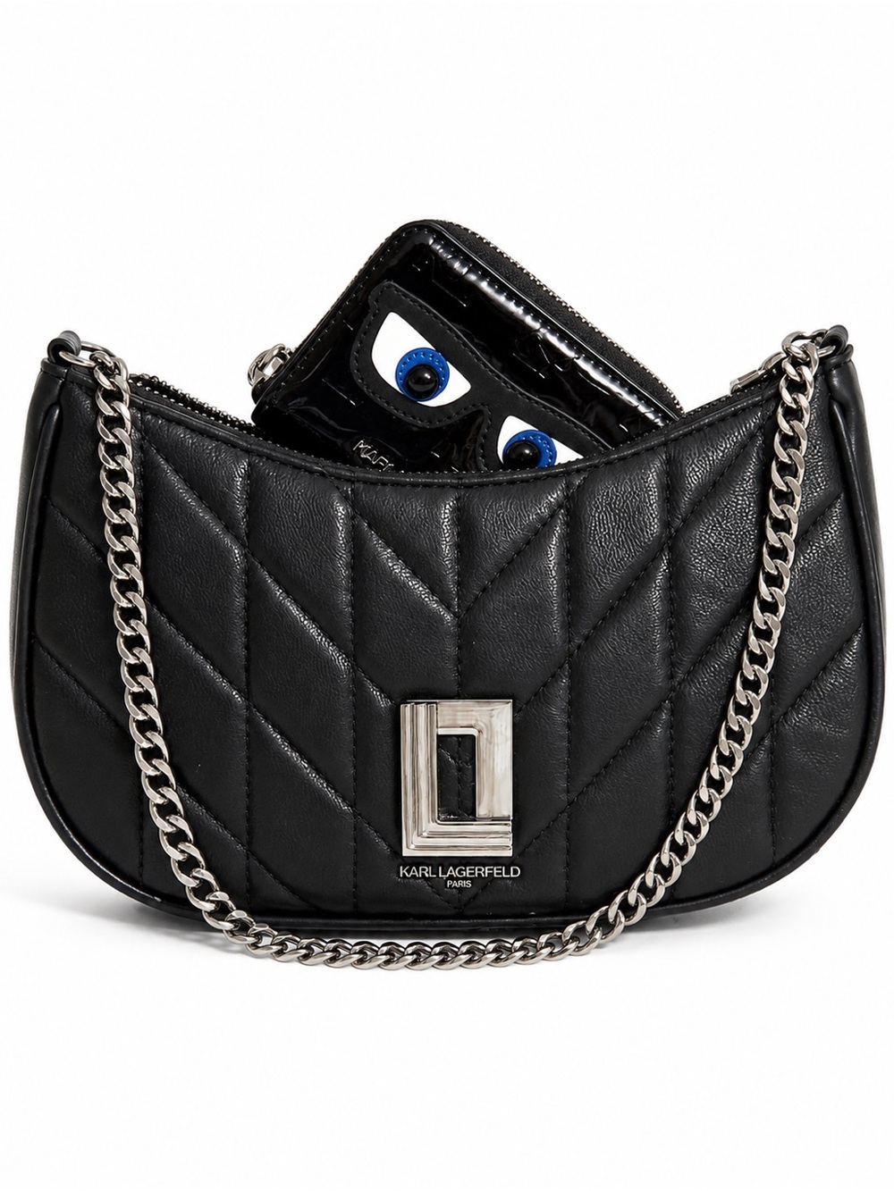 Karl Lagerfeld Black Quilted Mini Chain Saddle Bag with card holder.